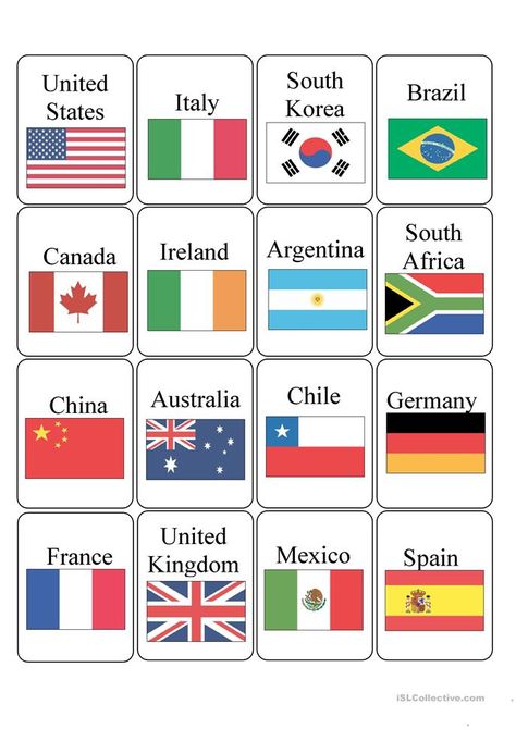 Countries - English ESL Worksheets World Flags Printable, Landforms Worksheet, World Flags With Names, All Country Flags, Flag Printable, Countries And Flags, Flags With Names, France Flag, Country Names