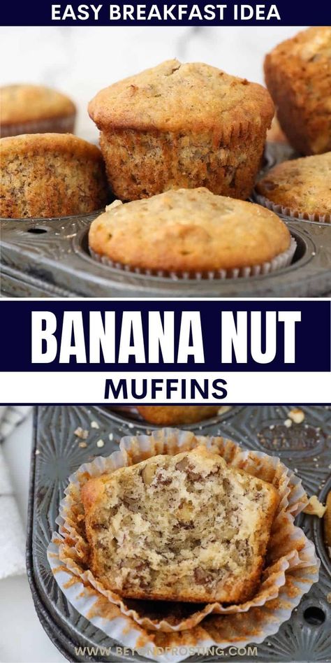 Light, fluffy muffins are loaded with mashed bananas and crunchy walnuts in this quick and easy breakfast! These healthy Banana Nut Muffins will delight your taste buds and fuel your body with essential nutrients like protein, fiber and potassium. Banana Nut Muffins Healthy, Easy Muffin Recipe, Cups Recipes, Banana Walnut Muffins, Healthy Banana Muffins, Nut Muffins, Tin Recipes, Banana Muffin, Banana Nut Muffins