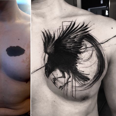 Chest And Arm Tattoo, Crow Tattoo For Men, Arm Cover Up Tattoos, Rabe Tattoo, Arm Tattoo Ideas, Crow Tattoo Design, Crow Tattoo, Warrior Tattoos, Norse Tattoo