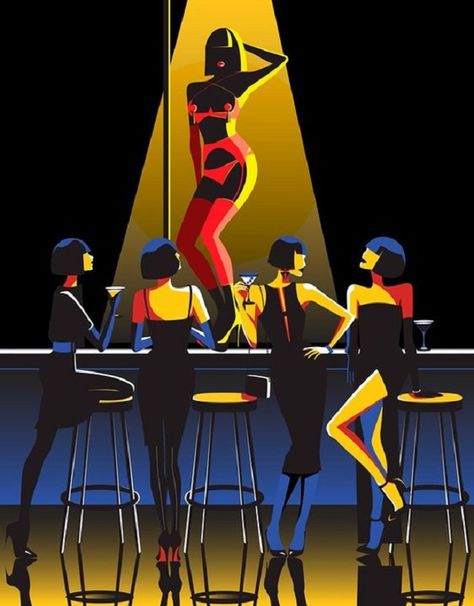 Global Illustration, Old Hollywood Theme, Top Illustration, Bar Dance, Side Portrait, Scene Aesthetic, Nightclub Bar, Art Deco Bar, Silhouette People