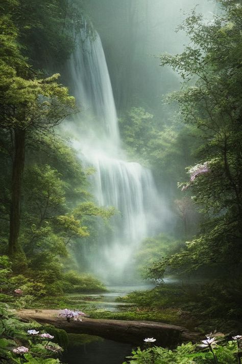 Waterfall Forest Painting, Ethereal Landscape Photography, Ethereal Woods, Ethereal Waterfall, Waterfall Mural, Waterfall In Forest, Fantasy Waterfall, Waterfall Forest, Ethereal Landscape