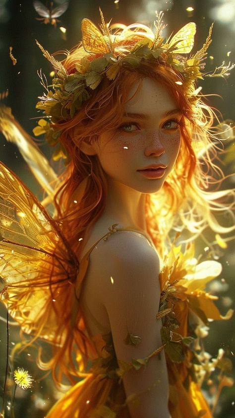 Yellow Fairy Aesthetic, Orange Fairy Aesthetic, Fairyland Aesthetic, High Fae Aesthetic, Fae Kingdom, Redhead Fairy, Sun Fairy, Yellow Fairy, Fire Fairy