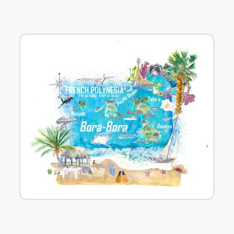 Get my art printed on awesome products. Support me at Redbubble #RBandME: https://www.redbubble.com/i/sticker/Bora-Bora-Islands-French-Polynesia-Illustrated-Travel-Map-with-Touristic-Highlights-by-artshop77/99580280.JCQM3?asc=u Bora Bora Map, Bora Bora Island, Souvenir Art, International Days, Famous Cities, Travel Map, Decorate Notebook, Travel Maps, French Polynesia