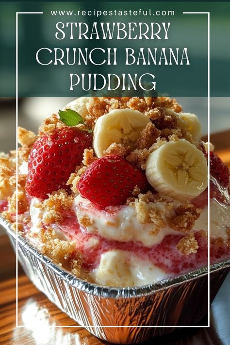 Delight in the creamy goodness of Strawberry Crunch Banana Pudding, featuring layers of luscious banana pudding, fresh strawberry sauce, and a crunchy topping. This dessert is perfect for warm days and family gatherings! Strawberry Crunch Banana Pudding, Strawberry Banana Pudding Recipe, Strawberry Banana Pudding, Jello Ice Cream, Creamy Banana Pudding, Pudding Recipes Homemade, Pineapple Cream Cheese, Sweet Deserts, Strawberry Pudding