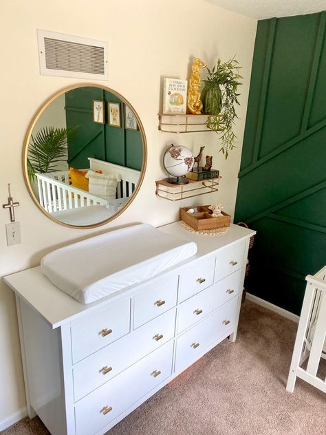 baby boy nursery / green accent wall / boho nursery / boy room / white crib / ikea dresser Emerald Green And Gold Nursery, Green Gold Nursery, Green And Gold Nursery, Gold Baby Room, Baby Dresser Organization, Gold Crib, Gold Nursery Decor, Twin Nursery, Boho Baby Room