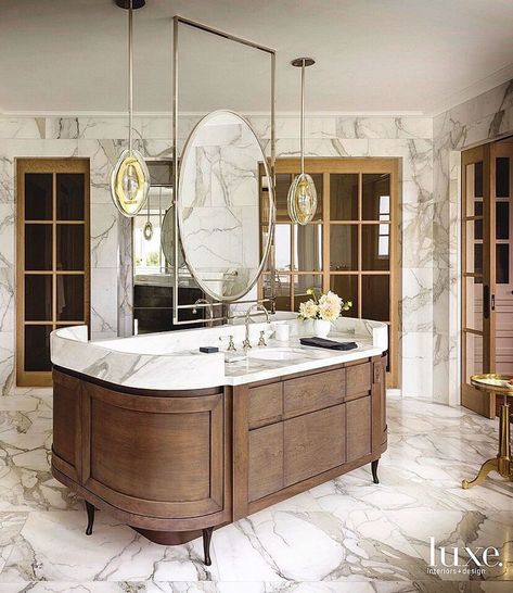 Bathroom with unique double sink vanity floating in the middle of the room like an island.  Love the way they mounted the mirror to the ceiling.  pinterest // sage art prints ♡ for more beautiful pics! Minimalist Dekor, Bad Inspiration, Interior Minimalista, Luxe Interiors, Trendy Bathroom, Elegant Bathroom, Crown Molding, Minimalist Kitchen, Minimalist Interior