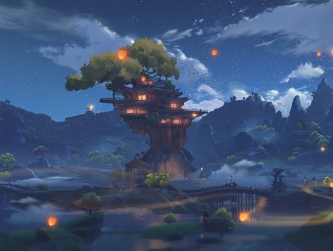 Genshin Painting, Genshin Places, Genshin Scenery, Pavo Ocellus, Ghost Blade, Genshin Fanart, Chestnut Trees, Scenery Background, Environmental Design