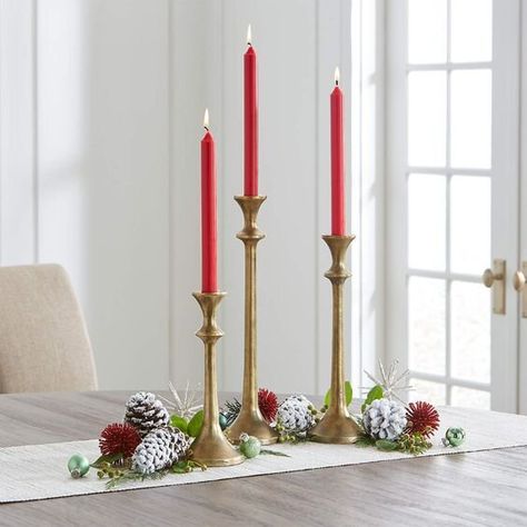 Home Decor | Gold taper candle holders in every style, perfect for the tabletop or mantel. #home #decor #candle #taper #candleholder #modern #traditional #brass #gold #holiday #table #tablesetting #mantel Gold Taper Candle Holders, Gold Taper Candles, Three Candle Holder, Bohemian Chic Decor, Three Candles, Taper Candle Holder, Shaped Candle, Dinner Table Setting, Traditional Bedroom Decor