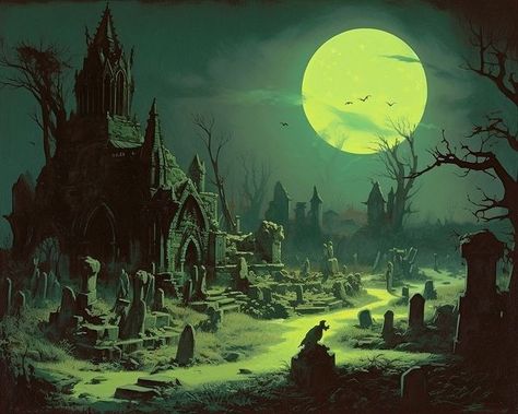 Fantasy Crypt Art, Fantasy Cemetery Art, Fantasy Graveyard Concept Art, Graveyard Fantasy Art, Horror Landscape Painting, 80s Dark Fantasy Art, Graveyard Illustration, Eerie Photography, Darkly Inclined