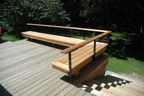 Deck Railing With Seating, Bench Deck Railing, Deck Bench Railing, Deck Bench Seating With Back, Decking Handrail Ideas, Bench Railing, Deck Bench Seating, Deck Modern, Landscaping Around Deck