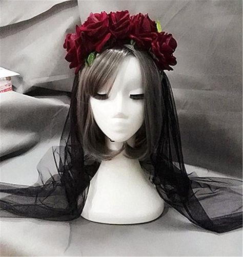 Goth Veil, Flower Hair Crown, Dark Red Roses, Goth Guys, Headband Vintage, Hair Accessories Vintage, Boho Goth, Goth Accessories, Rose Crown