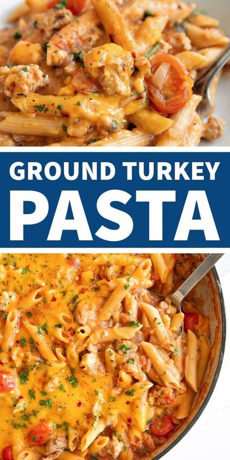 This Ground Turkey Pasta Skillet is a super easy, cheesy, and flavorful weeknight dinner made with lean ground turkey and pasta smothered in a creamy tomato sauce. Guaranteed to have the whole family begging for seconds! Ground Turkey And Pasta, Ground Turkey Pasta Recipes, Ground Turkey Pasta, Ground Beef Recipes Mexican, Turkey Pasta, Ground Beef Recipes Healthy, Keto Beef Recipes, Ground Beef Dishes, Dinner Sandwiches