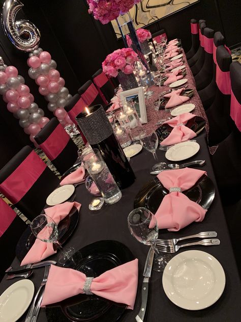 Pink Black Sweet 16, Sneaker Ball Food Ideas, Light Pink And Black Birthday Decor, 25 Shades Of Pink Party Ideas, Sweet 16 Pink And Black Theme, Black And Pink 18th Birthday Ideas, Pink Black And Silver Sweet 16, Pink Black Party Decorations, Sweet 16 Party Ideas Pink And Black