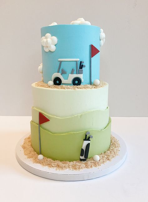 Happy Father's Day!! #FathersDay #sugarcrumbsbakery #golf #cake #smallbusinessowner Two Tier Golf Cake, Golf Cart Cake, Hole In One Cake, Golf Birthday Cake, Golf Baby Showers, Golf Birthday Cakes, Golf Baby, Golf Cake, Baby Birthday Decorations