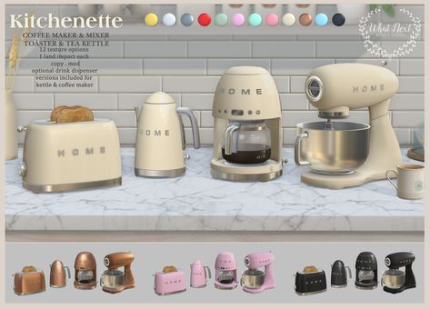 https://flic.kr/p/2heDzrY | {what next} Kitchenette Small Appliances For Fifty Linden Friday | For Fifty Linden Friday at What Next! Sold as 2 separate sets:  * Toaster + Tea Kettle ----------------------------------  * Coffee Maker & Mixer  12 colour options/ 1 land impact per piece / copy/mod  Optional dispenser versions included for coffee maker (gives out a mug of coffee) and kettle  (gives out a mug of tea) - temp attach props either drinking or just hold mug Ts4 Cc Appliances, Sims 4 Kettle Cc, Sims 4 Cc Functional Toaster, Sims 4 Cc Toaster, Sims 4 Functional Toaster, Sims 4 Appliances, Sims 4 Cc Appliances Functional, Sims 4 Cc Furniture Kitchen Appliances, Sims 4 Toaster