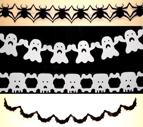 paper chains of spiders, ghosts, skulls and bats. Ghost Paper Chain, Crafts For Children, Library Crafts, Bat Craft, Paper Bat, Ghost Crafts, Ghost Skull, Spider Crafts, Skull Crafts