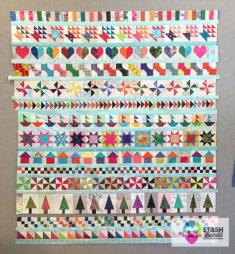 A Bitty Blocks Row Quilt (Almost) Finish » Stash Bandit Stash Bandit, Row Quilts, Row Quilt, Scrappy Quilt Patterns, Sampler Quilts, Scrap Quilt Patterns, Quilt Border, Miniature Quilts, Scrap Quilt