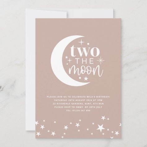 Two The Moon Blush Birthday Invitation Moon Typography, Blush Pink Birthday, Beige Birthday, Canva Inspiration, 2nd Birthday Theme, 92nd Birthday, Blush Pink Background, Two The Moon, Moon Blue