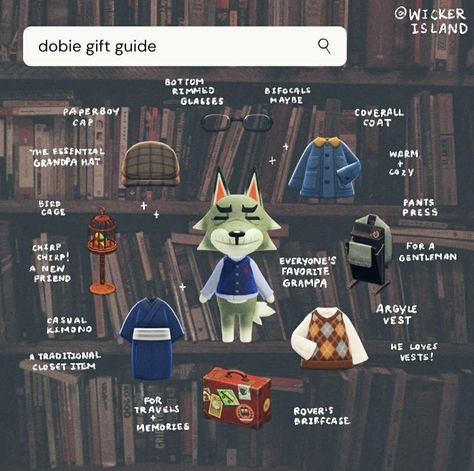 Acnh Villagers Guide, Best Cottagecore Villagers Acnh, Dream Villagers Acnh, Cottagecore Villagers Acnh, Acnh Villager Lookbook, Animal Crossing Dobie, Dobie Animal Crossing, Dobie Acnh, Acnh Villager Gift Guide