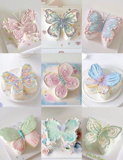 Butterfly Birthday Cake, Blue Birthday Cake, Tårta Design, Butterfly Birthday Cakes, Birthday Cake Decorating Ideas, Vintage Birthday Cakes, Beautiful Cake Designs, Butterfly Cake, Elegant Birthday Cakes