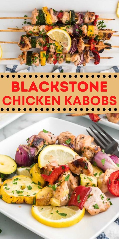 Blackstone Kabob Recipes, Black Stone Kabobs, Chicken Kabobs On Blackstone, Blackstone Chicken Recipes, Chicken Kabob Recipe, Blackstone Ideas, Blackstone Chicken, Blackstone Cooking, Outdoor Griddle