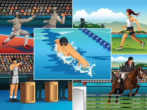 What Is a Modern Pentathlon?  #DEMYSTIFIED  #EncyclopaediaBritannica Modern Pentathlon, Fitness Vector, Ancient Olympic Games, Basketball Background, Pentathlon, Indoor Arena, Soccer Stadium, American Football Jersey, Military Combat