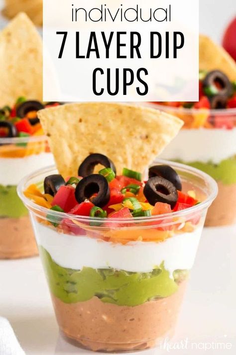 7 Layer Dip Cups, 5 Layer Dip, Layered Dip Cups, Individual Appetizers, Layered Dip Recipes, 7 Layer Dip, Layered Bean Dip, Layered Taco Dip, Seven Layer Dip