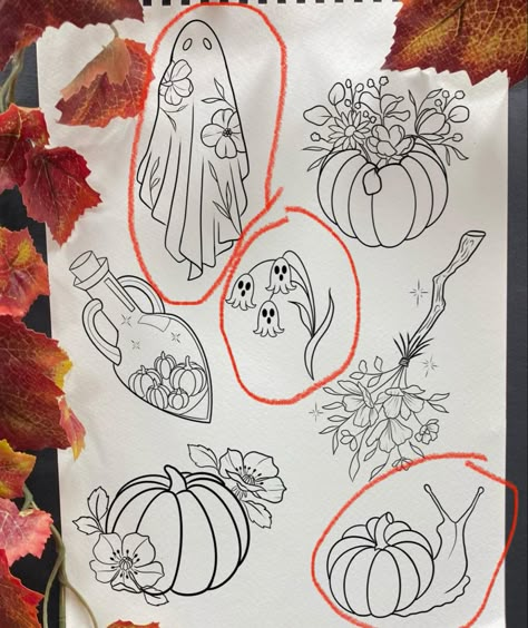 Halloween Botanical Tattoo, Halloween Linework Tattoo, Cute Fall Tattoos Ideas, Line Work Halloween Tattoo, Pumpkin With Vines Tattoo, Cute Autumn Tattoos, Fall Tattoo Flash Sheet, Simple Fall Tattoos, Spooky Cottagecore Tattoo