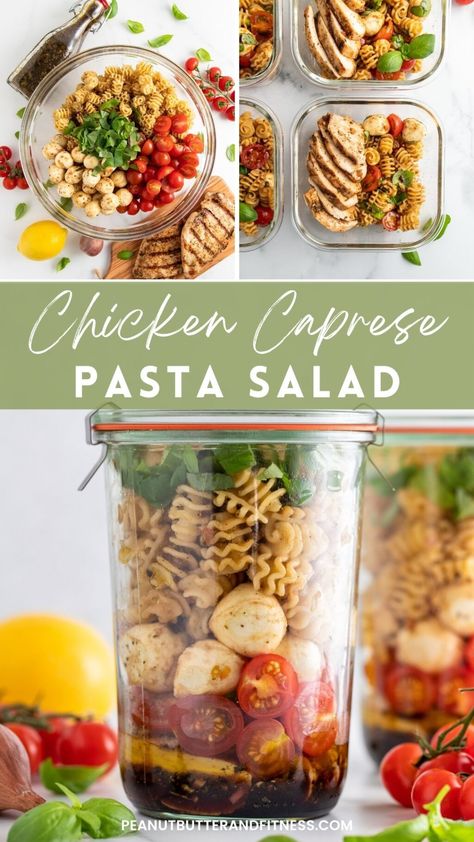 Chicken Caprese Salad, Chicken Caprese, Salad Jar Recipe, Caprese Pasta Salad, Mason Jar Salad Recipes, Chicken Lunch, Quick Meal Prep, Caprese Pasta, Salad Meal Prep