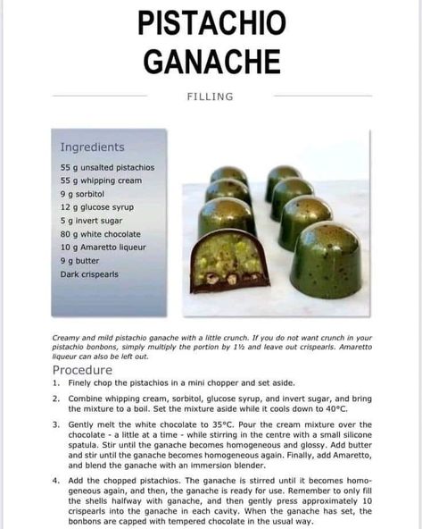 Pistachio Ganache, Chocolate Bonbons Recipe, Bon Bons Recipe, Fancy Desserts Recipes, Homemade Chocolate Bars, Fine Dining Desserts, Chocolate Candy Recipes, Chocolate Work, Chocolate Dishes