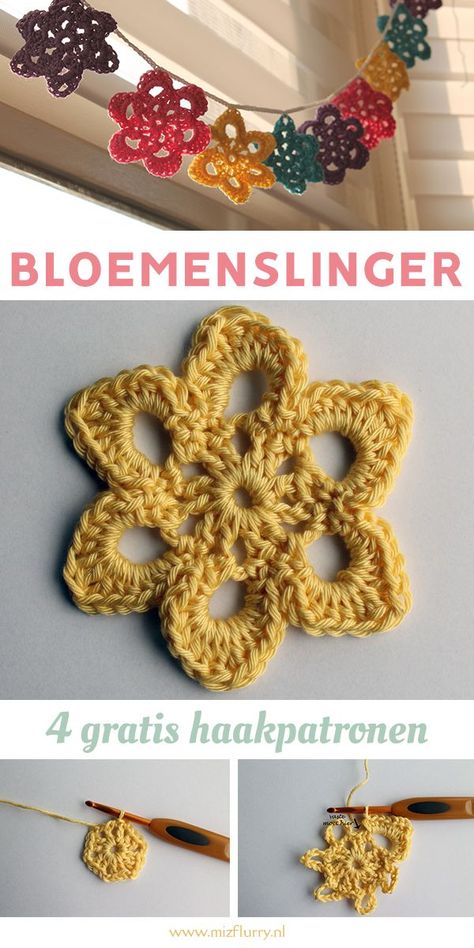 Patroon bloemenslinger haken. Vier gratis Nederlandse haakpatronen. Crochet Ripple Pattern, Crochet Garland, Holly Hobbie, Love Crochet, Crochet Home, Crochet For Beginners, Crochet Motif, Crochet Flowers, Granny Square