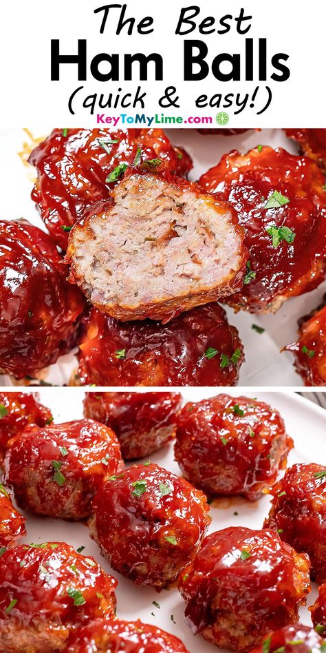 Two images of ham balls, with title text at the top. Cranberry Glazed Meatballs, Ham Balls Recipe, Ham Balls With Brown Sugar Glaze, Iowa Ham Balls, Homeade Meatballs, Cranberry Jalapeno Meatballs Costco, Ham Meatballs, Ham Appetizers, Ham Balls