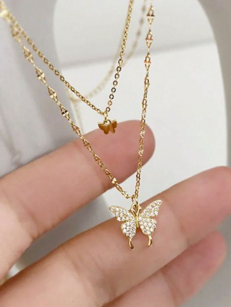 Gold Butterfly Necklace For Party, Trendy Butterfly Pendant Necklace For Gift, Elegant Gold Necklaces With Butterfly Charm, Gold Butterfly Pendant Necklace With Delicate Chain, Shein Jewelry Butterfly Necklace, Teen Necklace, 13 Year Girl, Fashion Keywords, Teen Necklaces