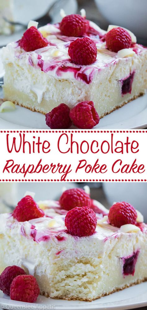 White Raspberry Poke Cake, Cake Decor With Raspberries, White Chocolate Raspberry Poke Cake Recipes, White Chocolate Raspberry Recipes, Raspberry Poke Cake Recipes, Desserts With Raspberries, Easy Homemade Cake Recipes, White Chocolate Raspberry Poke Cake, Chocolate Raspberry Poke Cake