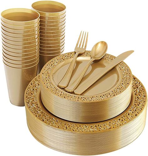 IOOOOO 150Pcs Gold Plastic Plates, Silverware and Gold Disposable Cups, Lace Design Plates Includes 25Dinner Plates 10.25", 25Dessert Plates 7.5",25Forks, 25Gold Silverware Sets, 9 oz Gold Disposable Plates, Silverware Sets, Gold Plastic Silverware, Golden Birthday Parties, Gold Plastic Plates, Plastic Dinnerware Sets, Plastic Silverware, Gold Dinnerware, Plastic Dinnerware