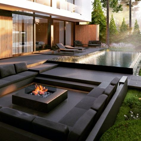 Modern Firepits Backyard Ideas, Fire Pit Modern, Luxury Backyards, Kleiner Pool Design, Ideas Room Decor, Idea Bedroom, Dream Backyard Pool, Interior Ceiling, Ceiling Wallpaper