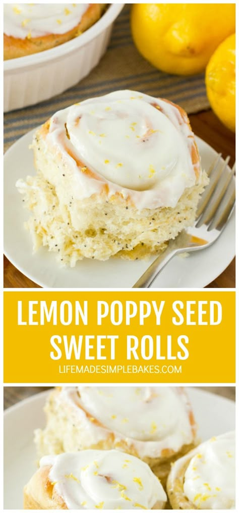 You're going to fall in love with these light and fluffy lemon poppy seed sweet rolls! They just shout Spring!! #lemonpoppyseedsweetrolls #sweetrolls #lemonsweetrolls #lemonpoppyseedrolls Lemon Ideas, Sweet Roll Recipe, Baking Treats, Lemon Poppy Seed, Sweet Buns, Lemon Coconut, Lemon Poppy, Sweet Rolls, Lemon Poppyseed