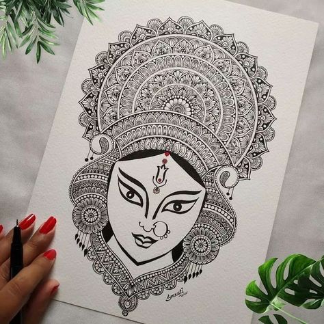 Hindu God Art Drawing, Drawing Of Durga Maa, Ma Durga Mandala Art, Durga Drawing Art, Durga Puja Drawing, Durga Maa Drawing, Ganesh Mandala, Maa Durga Drawing, Durga Drawing