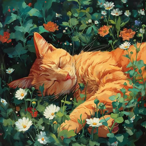 Cats And Flowers Painting, Cat In Nature Painting, Sleeping Cat Painting, Orange Cat Drawing Cute, Orange Cat Art Illustration, Orange Aesthetic Painting, Orange Cats Aesthetic, Orange Painting Aesthetic, Ginger Cat Drawing