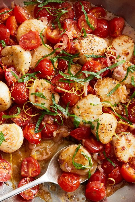 Cherry Tomatoes Recipe, New York Times Cooking, Cherry Tomato Recipes, Tomatoes Recipe, Seared Scallops, Scallop Recipes, Nyt Cooking, Scallops Seared, Fresh Seafood