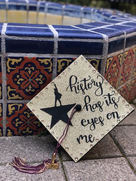 Grad Cap Hamilton, Grad Cap Ideas Hamilton, Fnaf Graduation Cap, Theater Graduation Cap, Theatre Graduation Cap, Hamilton Graduation Cap, Masters Graduation Cap, Funny Grad Cap Ideas, Graduation Hat Ideas