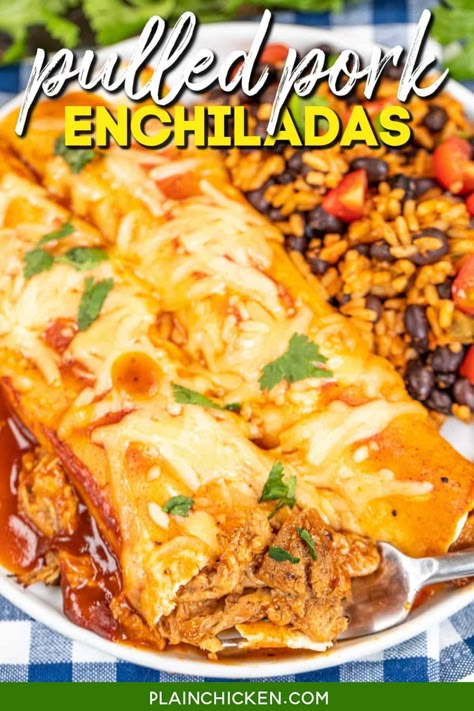 Mexican Rice And Beans, Pork Leftovers, Homemade Pulled Pork, Shredded Pork Recipes, Plain Chicken Recipe, Pulled Pork Leftover Recipes, Pulled Pork Enchiladas, Fiesta Food, Taco Bites