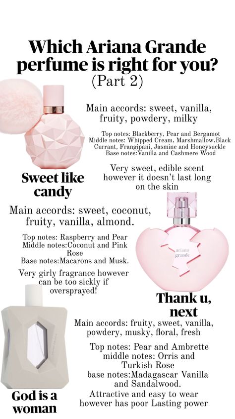 Ariana grande perfume #perfume #arianagrande #fragrance #perfume Ariana Grande Perfume Combos, Pink Angels, Hygiene Hacks, Perfume Wishlist, Winter Perfume, Candy Perfume, Perfume Hacks, Perfume Names, Ariana Grande Makeup