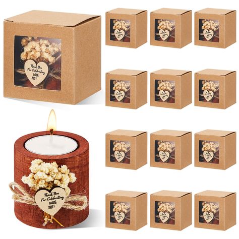 PRICES MAY VARY. Package Includes: wooden tealight candle holder set package includes wooden cylinder, board with blessings, dried flowers, candles, transparent box and ribbon, is a complete and delicate gift, we believe you and your friends will love it; Product packaging refers to the packaging effect in the first picture Party Decoration: the cute candle holders gifts are suitable as a decorative table centerpiece for your everyday home decor, birthday, holiday decor, baby shower or wedding d Guest Gifts Wedding, Sympathy Candle, Candle Bridal Shower Favors, Country Wedding Favors, Party Favors Wedding, Candles Wedding, Candle Gifts, Wedding Favors Fall, Candle Wedding Favors