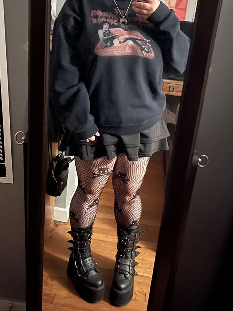 #demonia #boots #skirt #tights #alt #altfashion Alt Tights Outfit, How To Style Demonia Boots, How To Style Thigh High Socks, Outfits With Demonia Boots, High Combat Boots Outfit, Knee High Combat Boots Outfit, Outfits With Platform Boots, Demonia Shoes Outfit, Demonia Boots Outfit