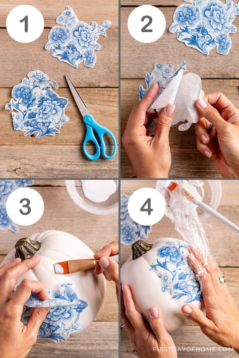 Learn how to create stunning decoupage pumpkin planters using chinoiserie napkins. Find out which formula of Mod Podge is the best to use for durability. This pumpkin planter is perfect as a Thanksgiving centerpiece or outdoor patio decor. #fallcrafts #pumpkincrafts #gardening #firstdayofhome How To Decoupage With Napkins, Modge Podge Napkins Ideas, Napkin Decoupage Ideas, Pumpkin Planters, Decoupage Pumpkins, Chinoiserie Pumpkins, Pumpkin Planter, Napkin Decoupage, Gourds Crafts