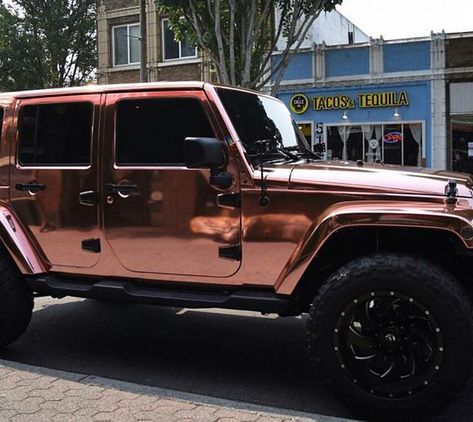 Back when I thought it was cool to have a chrome rose gold wrapped #Jeep oh and thats one of our past restaurants in the background! Rose Gold Jeep Wrangler, Rose Gold Jeep, G Wagon Rose Gold, Matte Jeep Wrangler, Gold Jeep Wrangler, Jeep Wraps Ideas, Wrapped Jeep, Black And Pink Jeep, Jeep With Pink Interior