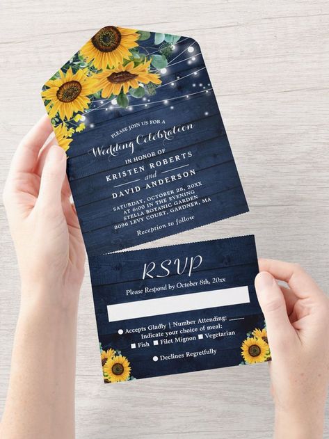 Sunflowers String Lights Rustic Navy Blue Wedding All In One Invitation #autumnwedding #sunflowers Rustic Navy Blue Wedding, Wedding Guide Checklist, Blue Sunflower Wedding, Navy Blue Wedding Theme, Sunflower Wedding Decorations, Sunflower Invitations, Rustic Sunflower Wedding, Sunflower Themed Wedding, Sunflower Wedding Invitations