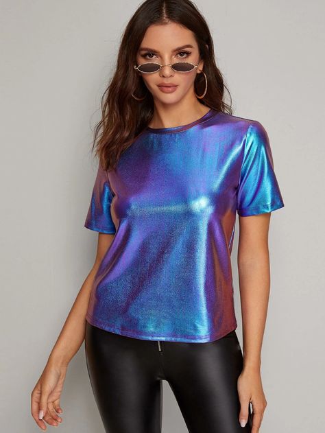 Holographic Metallic Top | SHEIN Holographic Shirt, Shirts Shein, Holographic Dress, Black Dress Red Carpet, Holographic Top, Dystopian Fashion, Rihanna Outfits, Fashion Illustrations Techniques, Thrifted Outfits