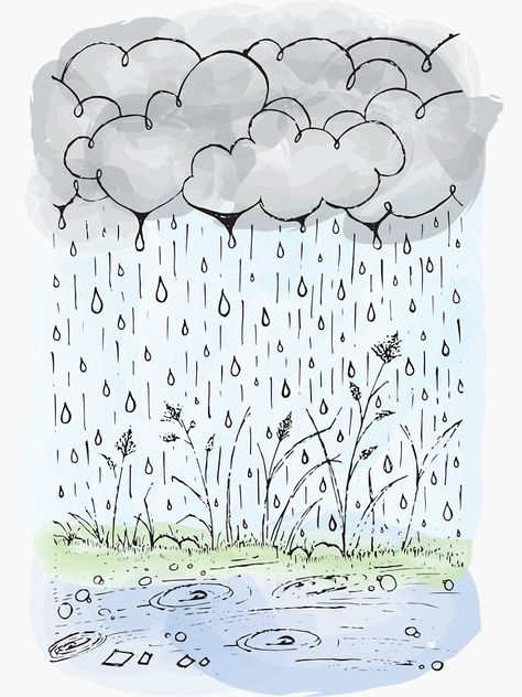 "Rainy Day" Sticker by Chairfullymade | Redbubble Rainy Day Doodle Art, Cartoon Rainy Day, Rainy Day Journal Ideas, Rainy Days Drawing, Rainy Weather Drawing, Rainy Day Aesthetic Drawing, Rainy Day Doodles, Rainy Drawing Easy, Rainy Doodles